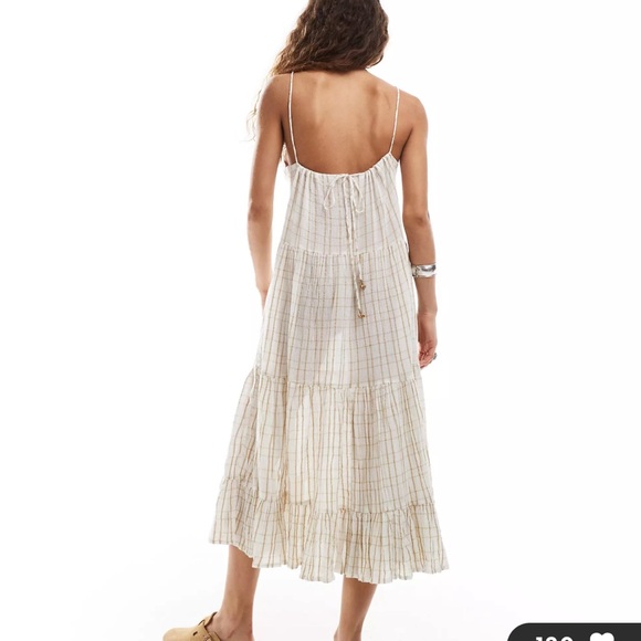 Free People check print tiered midaxi dress in ivory - Picture 3 of 3
